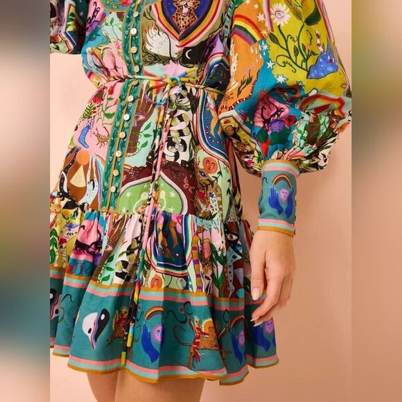 Fun Cute Long Sleeve Mini Shirt Dress with Colorful Graphic Print Az S M L XL 2X - Picture 3 of 10